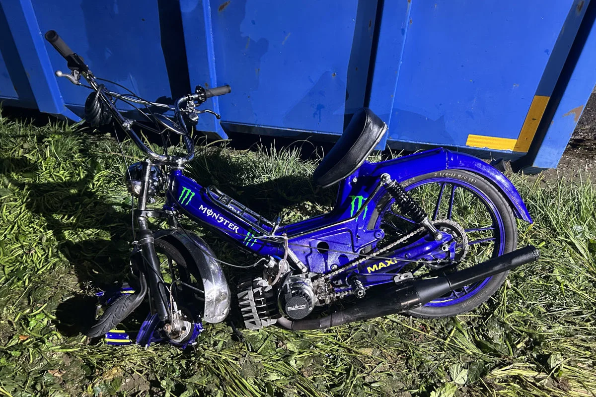 Ein blaues Mofa liegt auf der Seite neben einem großen blauen Container auf einer Wiese. Es scheint beschädigt zu sein.