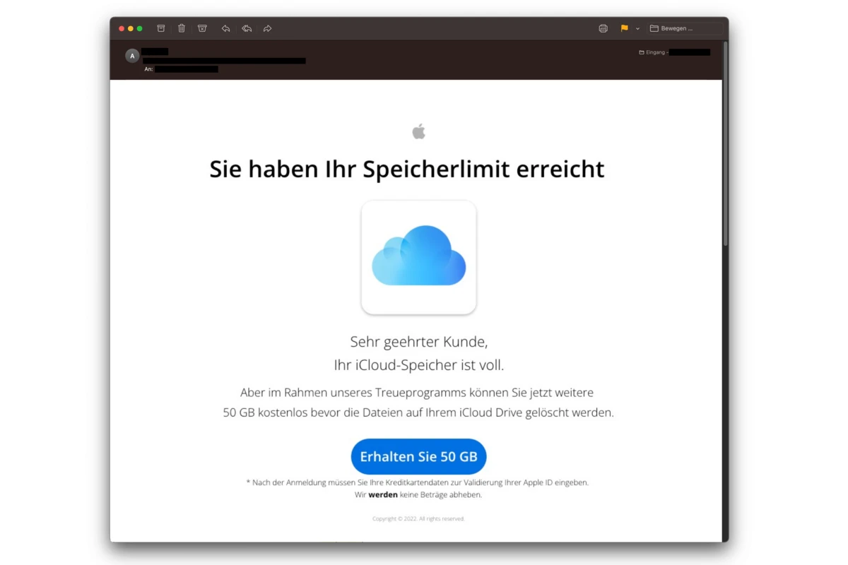 Cybercrime - Betrügerische E-Mails über einen angeblich vollen iCloud-Speicher 