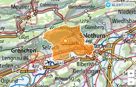 Eine Karte zeigt die Region Solothurn mit einem orange markierten Bereich, der auf einen Vorfall hinweist.