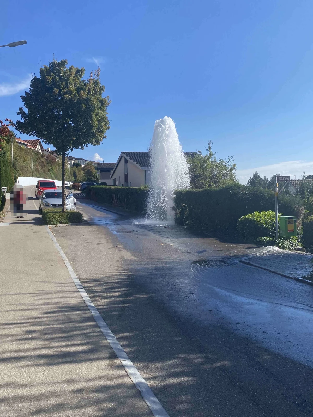 Eine hohe Wasserfontäne sprüht aus einem Hydranten auf der Straße eines Wohngebietes bei klarem Himmel.