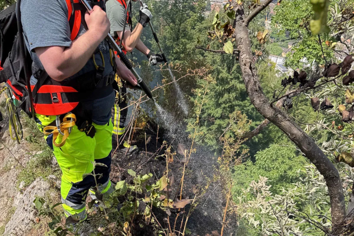 Zwei Personen in Schutzkleidung verwenden Wasserschläuche, um einen kleinen Bodenbrand im Wald zu löschen. Sie befinden sich an einem Hang mit dichter Vegetation.