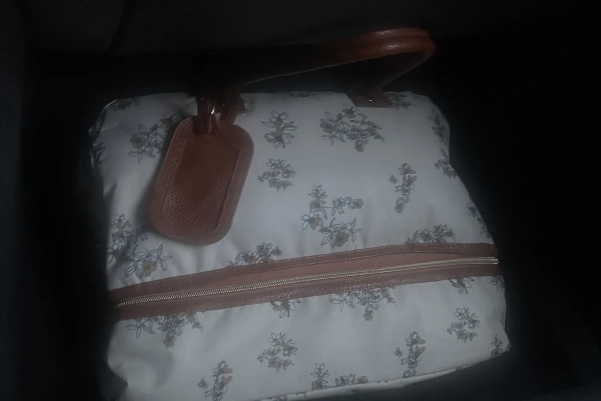 Die Abbildung zeigt eine Tasche mit Blumenmuster und braunen Lederelementen. Die Tasche ist im Dunkeln positioniert.