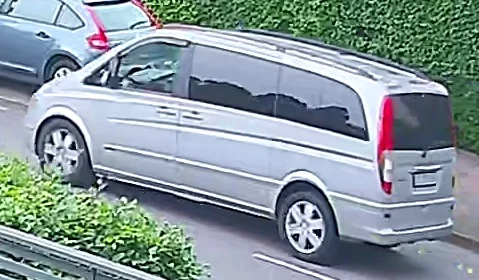 Ein silberner Van parkt am Straßenrand, umgeben von Grünflächen. Im Hintergrund ist ein weiteres Auto sichtbar.