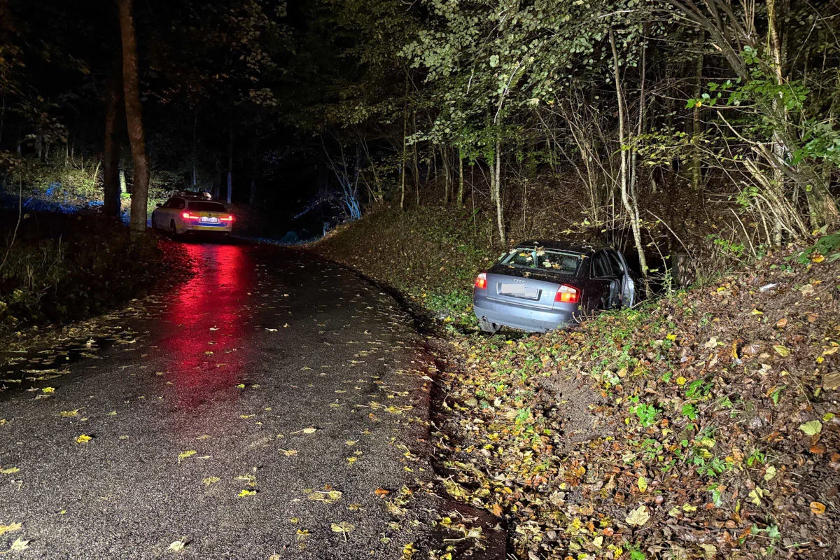 Ein Fahrzeug ist in einer Kurve von der nassen Straße abgekommen und im Graben am Waldrand stehen geblieben. Im Hintergrund sind Blaulichter eines Polizeiwagens zu sehen.