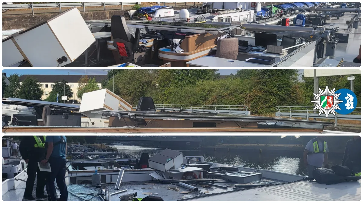 Drei Bilder zeigen beschädigte Boote mit Trümmern auf den Decks, die teilweise eingedrückt sind. Die Boote liegen an einem Kanal.