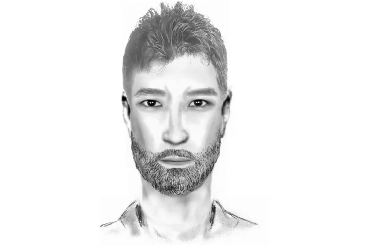 Ein gezeichnetes Phantombild zeigt einen frontal abgebildeten Mann mit Bart und kurzen, dunklen Haaren.
