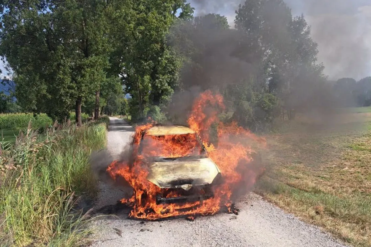 Ein Auto steht mitten auf einem schmalen Waldweg in Flammen, umgeben von hohen Bäumen, während dicker Rauch in den Himmel aufsteigt.