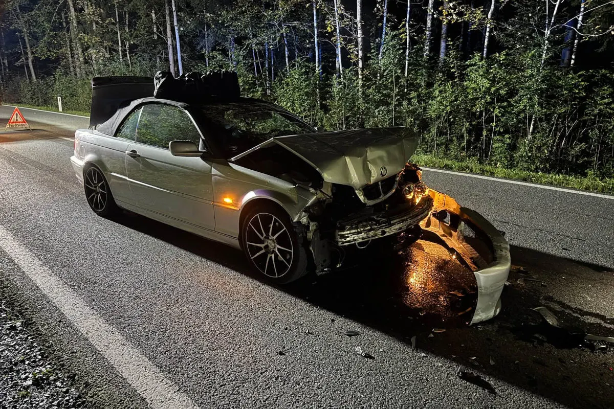 Ein Cabrio mit schwer beschädigter Front steht auf einer Landstraße bei Nacht, links ein Warndreieck aufgestellt.