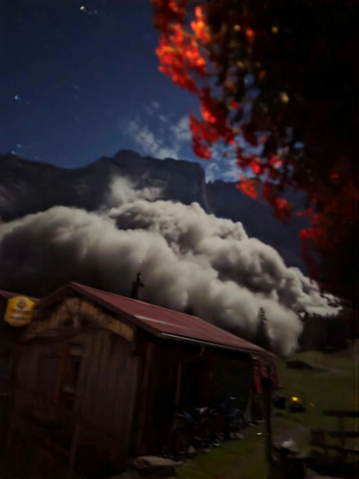 Eine große Lawine rollt nachts einen Berghang hinab und nähert sich einer kleinen, hölzernen Hütte. Rot leuchtende Blumen sind im Vordergrund zu sehen.