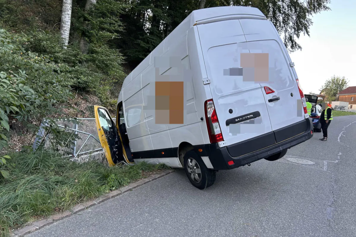Ein weißer Lieferwagen steht schräg mit der Vorderseite gegen ein Geländer. Der Wagen ist am Straßenrand einer Kurve.