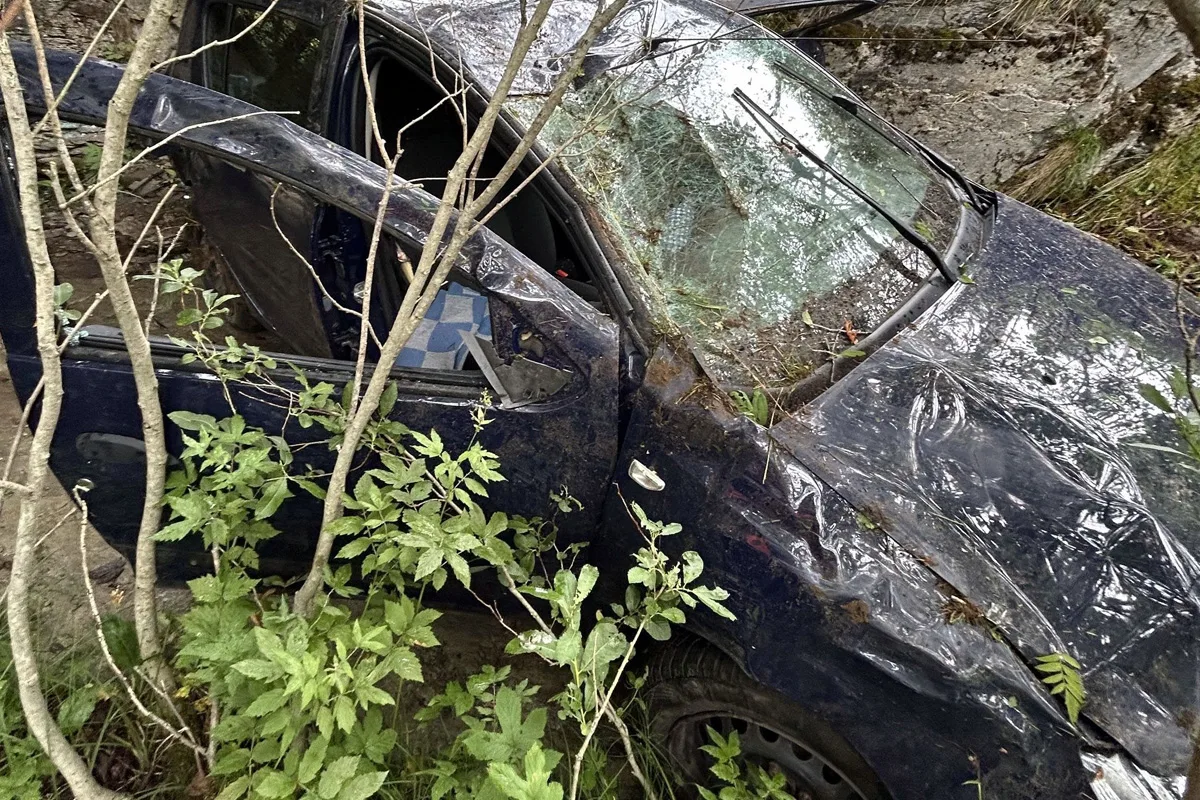 Ein Auto ist schwer beschädigt und liegt in einem Gebüsch. Die Windschutzscheibe ist zersprungen, es sind Pflanzen um das Fahrzeug herum zu sehen.