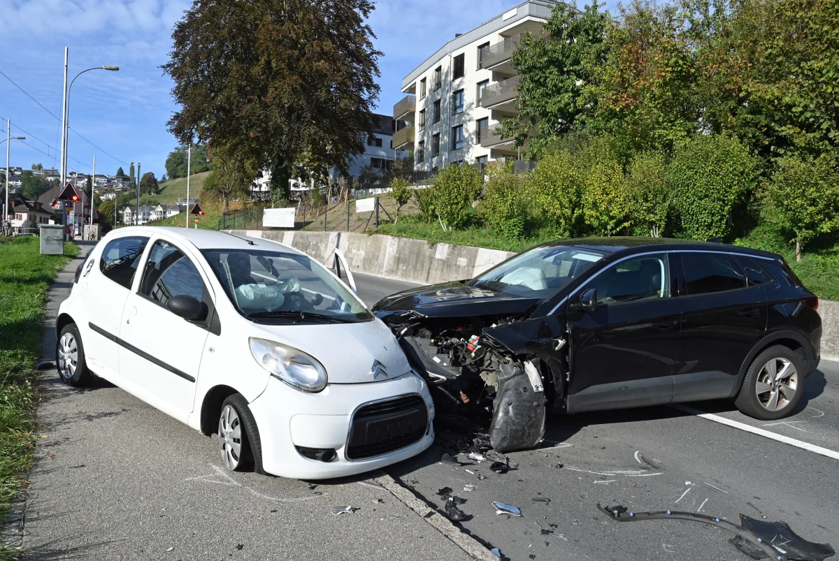 Ein weißer und ein schwarzer Pkw stehen nach einem Frontalzusammenstoß auf der Straße. Im Hintergrund sind Wohnhäuser und Bäume zu sehen.