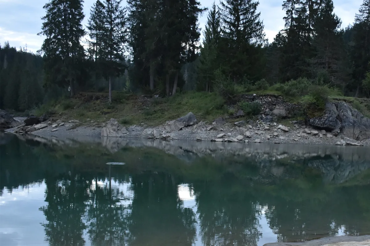 Ein stiller See mit klarem Wasser, das die umliegenden Bäume am Ufer reflektiert. Die Landschaft wirkt natürlich und unberührt.