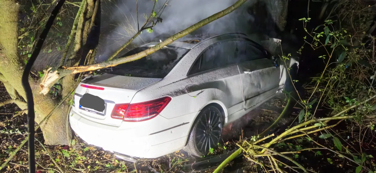 Ein weißer Mercedes ist im Wald gegen einen Baum geprallt. Äste liegen auf dem Auto, es scheint Nacht zu sein.