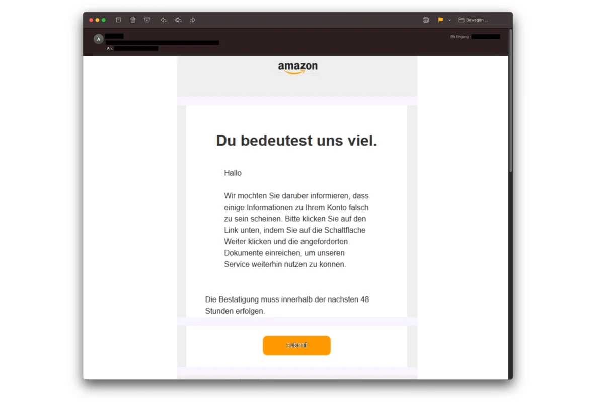 Gefährliche Fake-Mail vermeintlich von Amazon