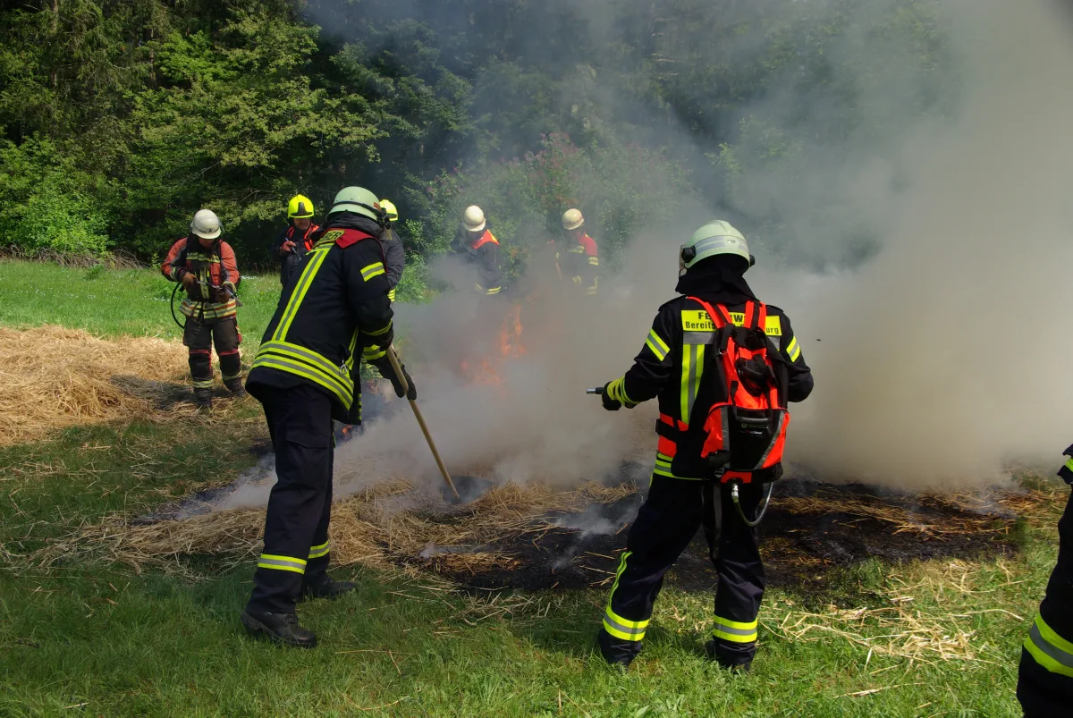 Mehrere Feuerwehrleute in Schutzkleidung löschen ein Feuer auf einer Wiese. Rauch steigt vom Boden auf.