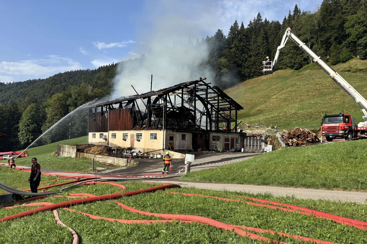 Ein stark beschädigtes, rauchendes Gebäude steht vor einer grünen Hügellandschaft. Mehrere Feuerwehrleute bekämpfen den Brand mit Schläuchen und einer Hebebühne.