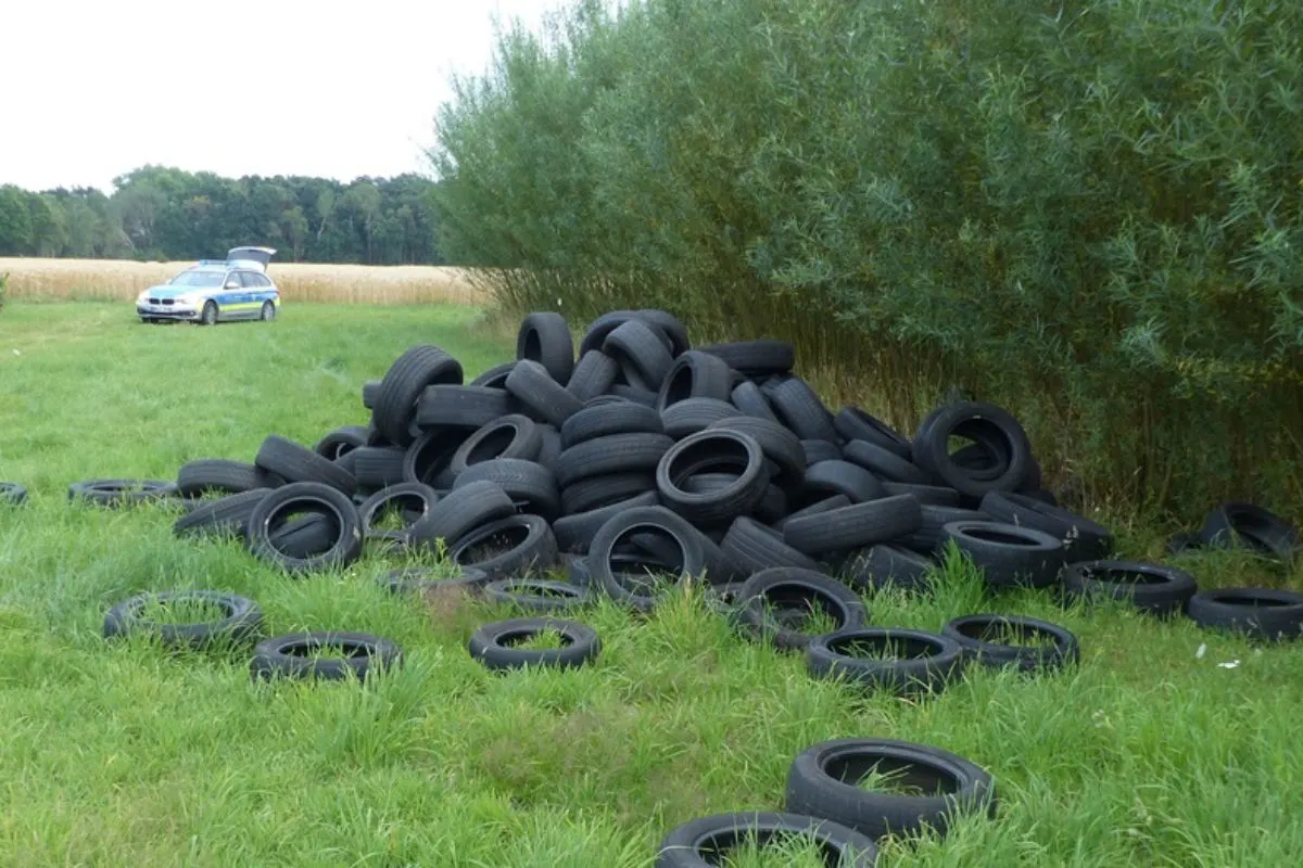 130 Altreifen einfach an einem Feldweg entsorgt!