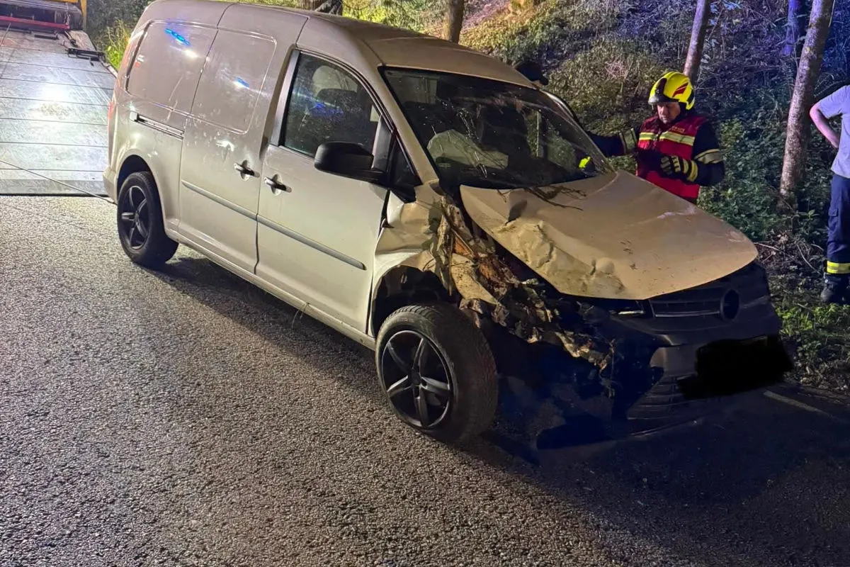 Ein weißer Lieferwagen mit erheblichem Frontschaden steht auf der Straße. Neben dem Fahrzeug stehen Einsatzkräfte in Schutzkleidung.
