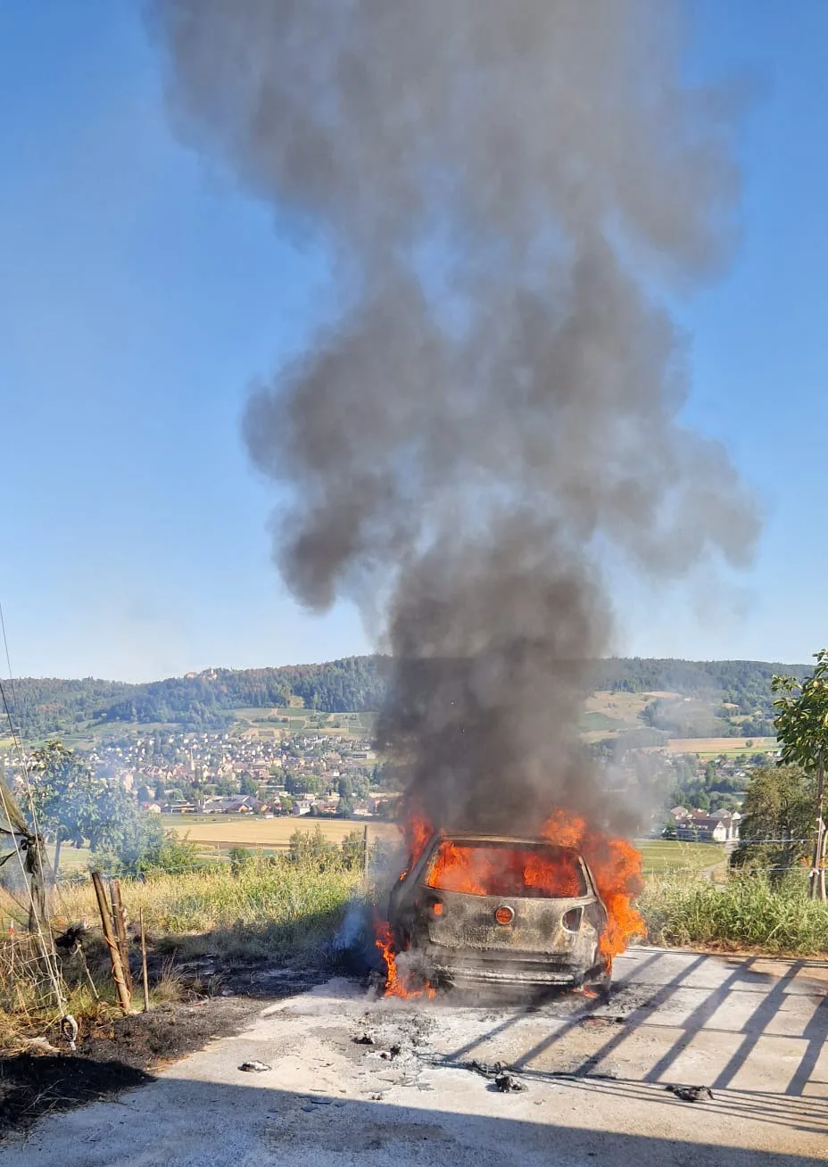 Ein brennendes Auto steht am Straßenrand, dicker schwarzer Rauch steigt in den Himmel. Im Hintergrund ist eine Landschaft mit einem Dorf zu sehen.