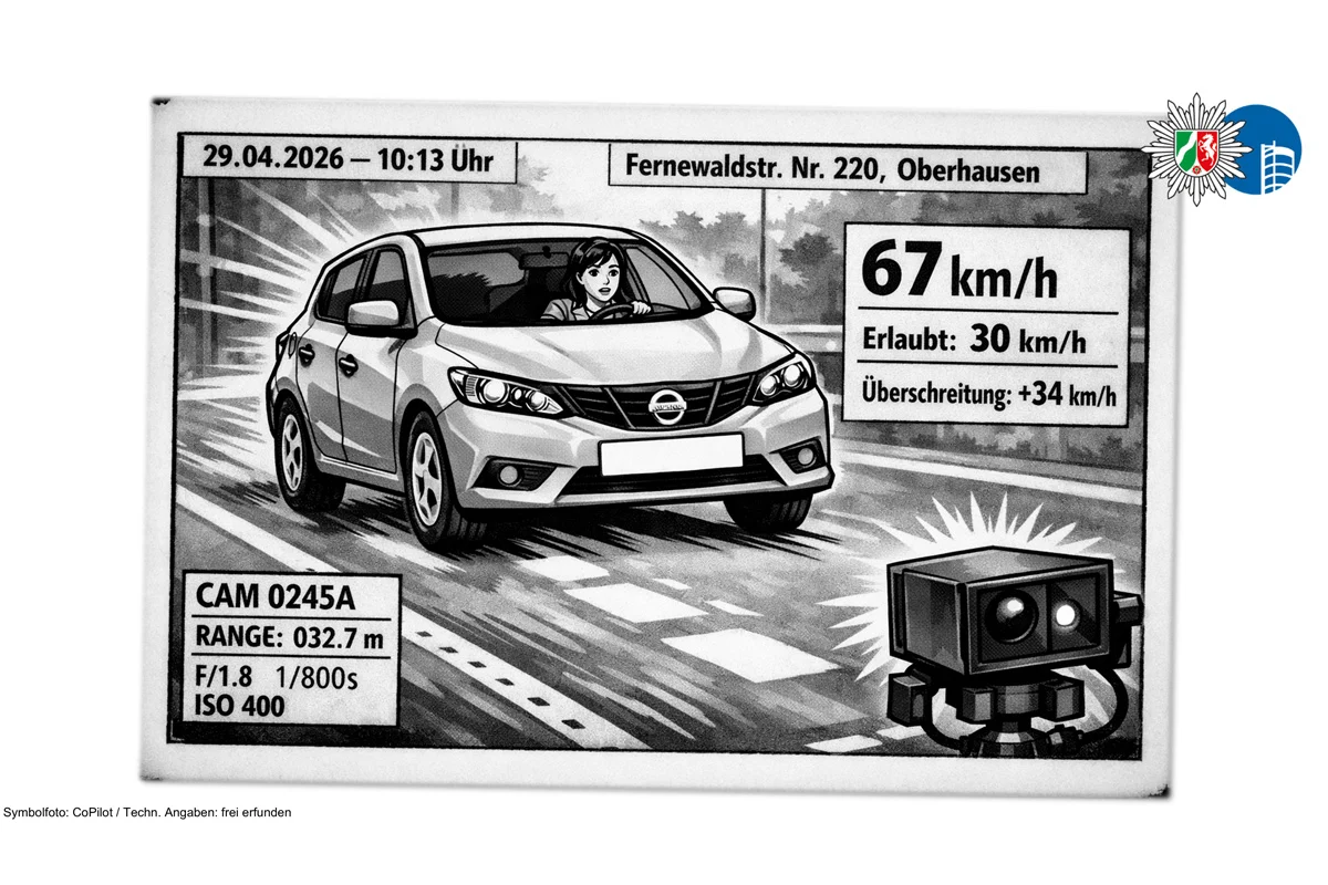 Eine Schwarz-Weiß-Illustration zeigt ein Auto, das von einer Radarkamera erfasst wird. Im Hintergrund sind Bäume zu sehen.
