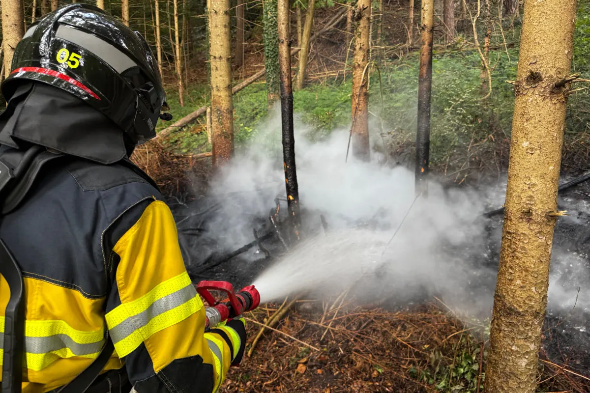 Ein Feuerwehrmann in gelber Schutzausrüstung löscht einen Brand im Wald. Dichte Rauchschwaden steigen auf.