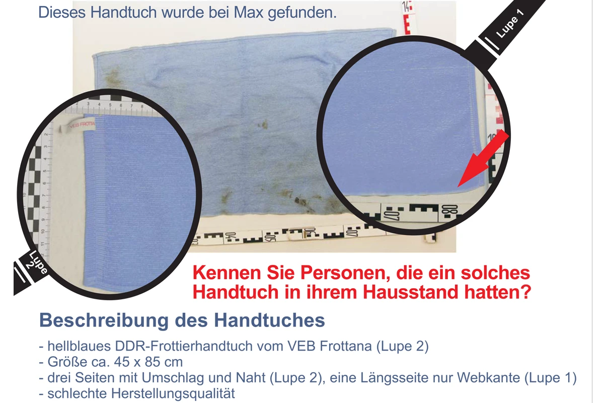 Ein blaues, verschmutztes Handtuch liegt auf einem Maßstab. Vergrößerte Details zeigen Naht und Webkante.