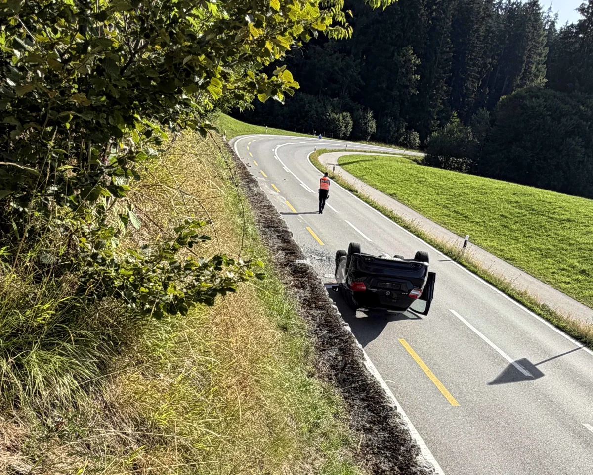 Ein Auto liegt auf dem Dach auf einer kurvigen Landstraße. Ein Mann in einer Warnweste nähert sich dem Unfallort.