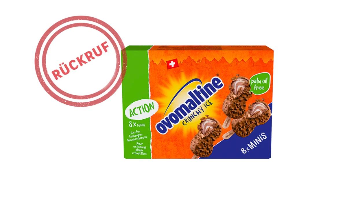 Eine Packung Ovomaltine Crunchy Ice mit dem Wort 'Rückruf' in einem roten Stempel darüber.