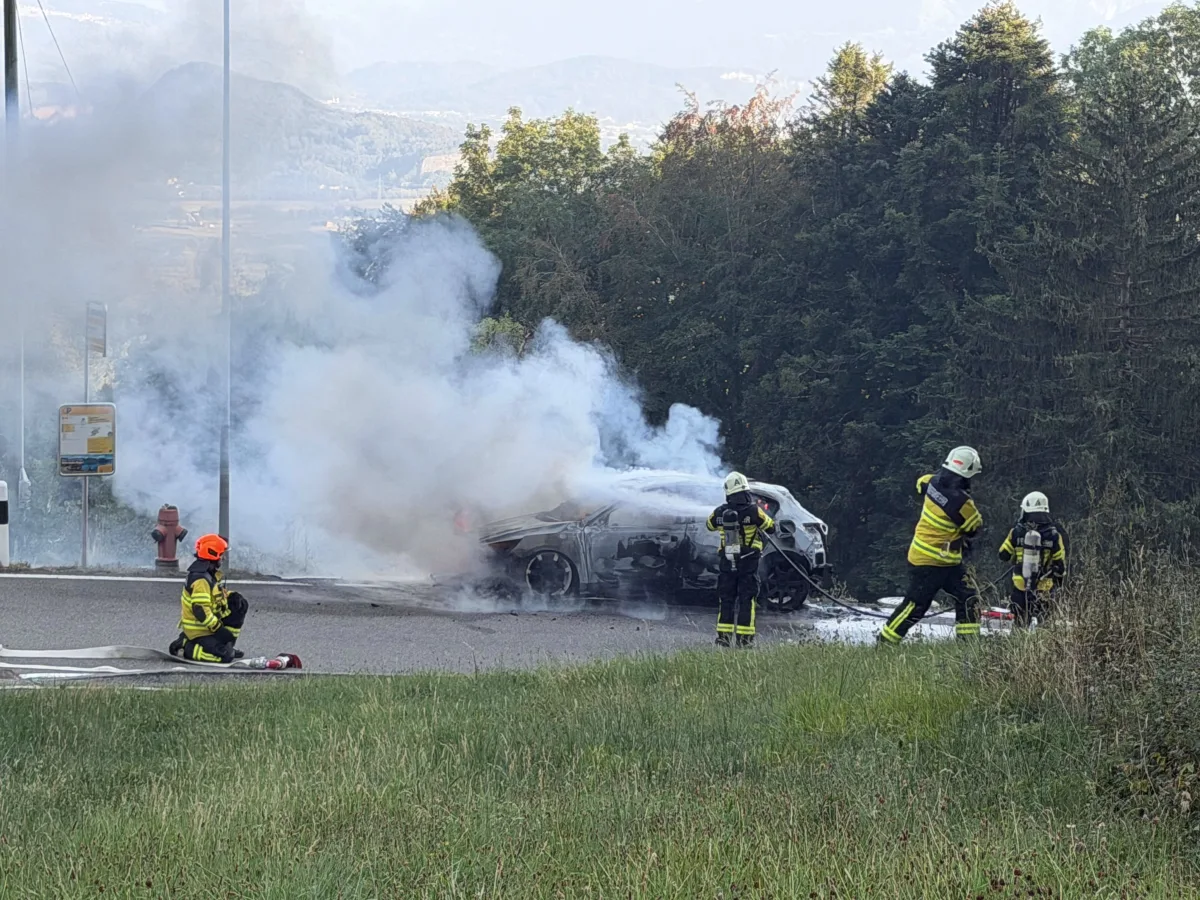 Mehrere Feuerwehrleute in Schutzausrüstung bekämpfen ein Feuer an einem Auto auf einer Straße in ländlicher Umgebung. Dicker Rauch steigt auf, während die Feuerwehr den Brand löscht.