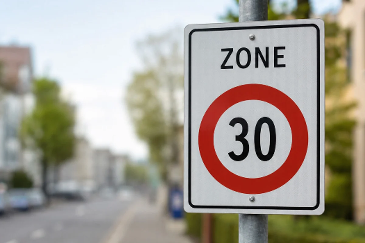 Ein Verkehrsschild zeigt eine Geschwindigkeitsbegrenzung von 30 km/h in einer Zone. Im Hintergrund ist eine unscharfe Wohnstraße erkennbar.