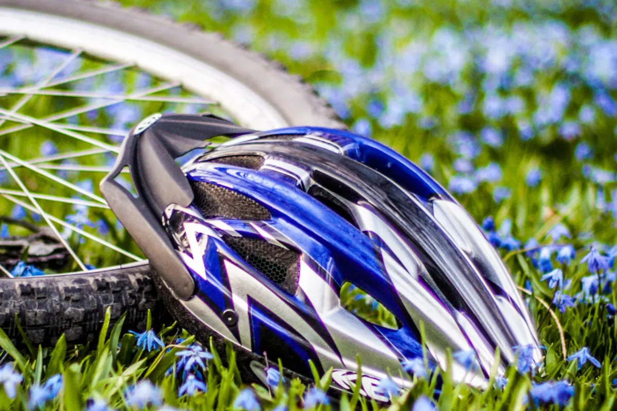 Ein blauer Fahrradhelm liegt neben einem Fahrradreifen auf einer blühenden Wiese. Grüne Grashalme und violette Blumen sind sichtbar.