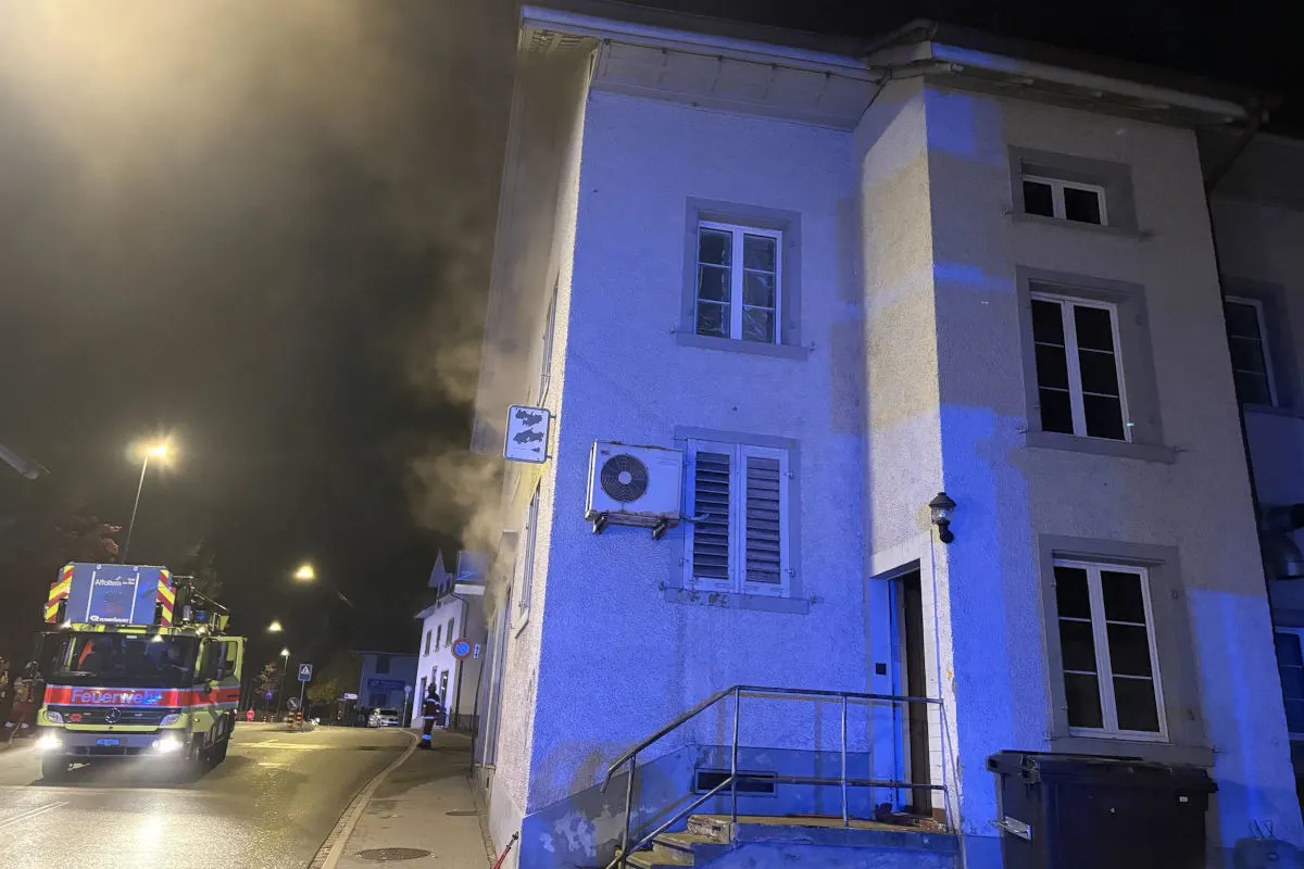 Ein Feuerwehrauto parkt nachts vor einem Gebäude, aus dem Rauch aufsteigt. Blaulicht beleuchtet die Szene.