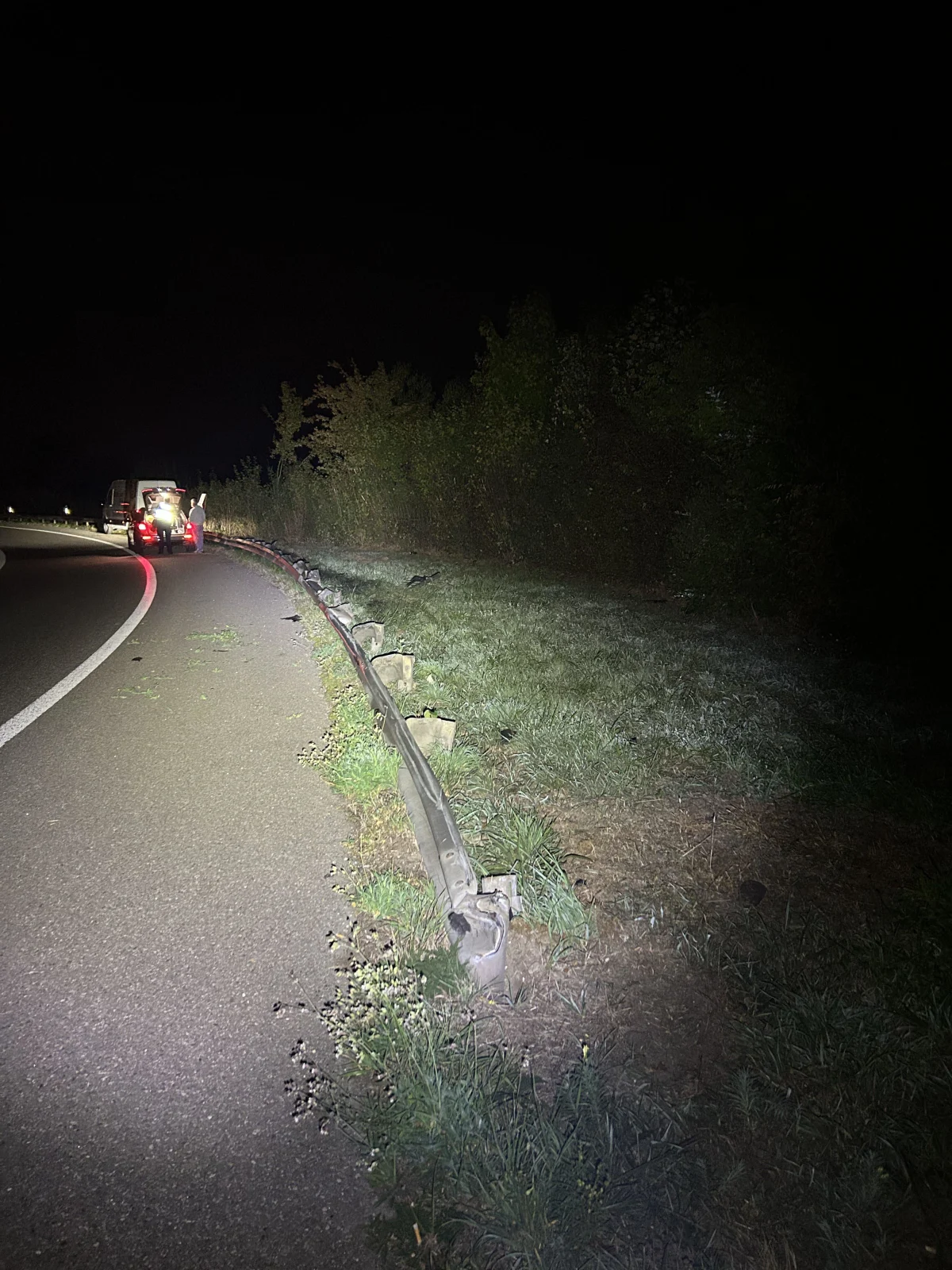 Bei Nacht steht ein Fahrzeug mit eingeschaltetem Rücklicht auf einer Landstraße neben einer beschädigten Leitplanke. Die Straße und das angrenzende Gras sind schwach beleuchtet.
