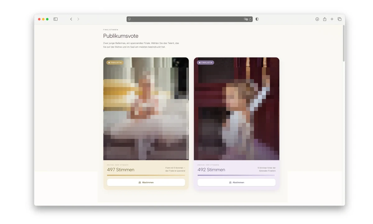 Das Bild zeigt zwei unscharfe Fotos von jungen Tänzerinnen in einem Online-Abstimmungsportal mit Stimmenzahlen.