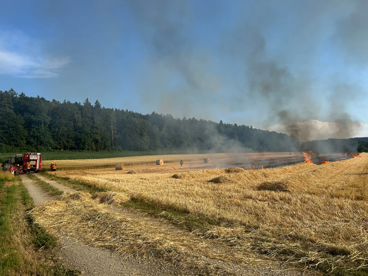 Feuerwehrfahrzeuge und Einsatzkräfte löschen einen Flächenbrand auf einem Feld mit Strohballen. Rauch steigt in den Himmel auf, während das Feuer am Boden lodert. Ein Waldgebiet befindet sich im Hintergrund.