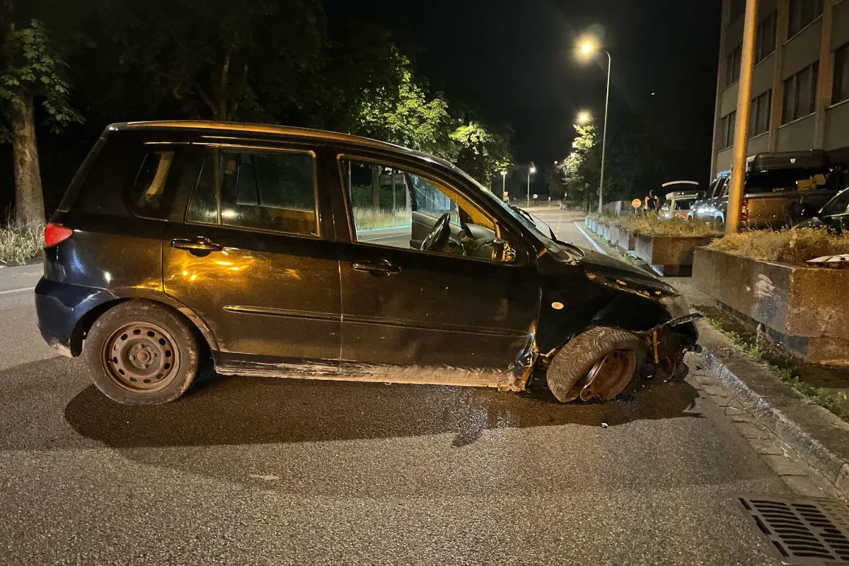 Ein schwarzer Pkw mit erheblichem Frontschaden steht nachts auf einer beleuchteten Straße. Im Hintergrund sind Bäume und weitere abgestellte Fahrzeuge sichtbar.
