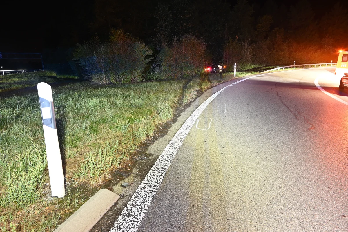 Eine Landstraße bei Nacht, auf der ein Fahrzeug mit eingeschaltetem Rücklicht in einer Kurve abseits der Fahrbahn steht.