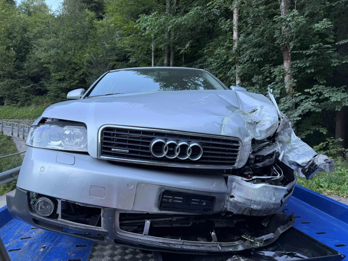Ein silberner Audi mit stark beschädigter Frontpartie steht auf einem blauen Abschleppwagen. Im Hintergrund sind Bäume zu sehen.