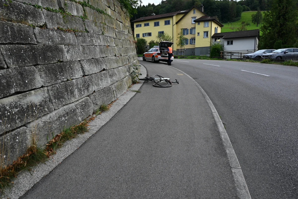 Ein umgefallenes Fahrrad liegt auf einem Gehweg neben einer steinernen Mauer. Im Hintergrund steht ein Polizeiauto mit geöffneter Heckklappe.