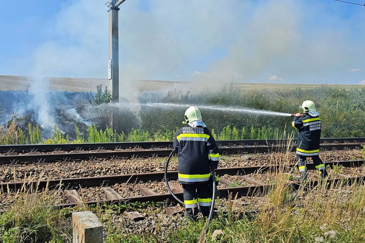 Zwei Feuerwehrleute spritzen Wasser auf einen Vegetationsbrand neben Bahngleisen. Rauch steigt auf.
