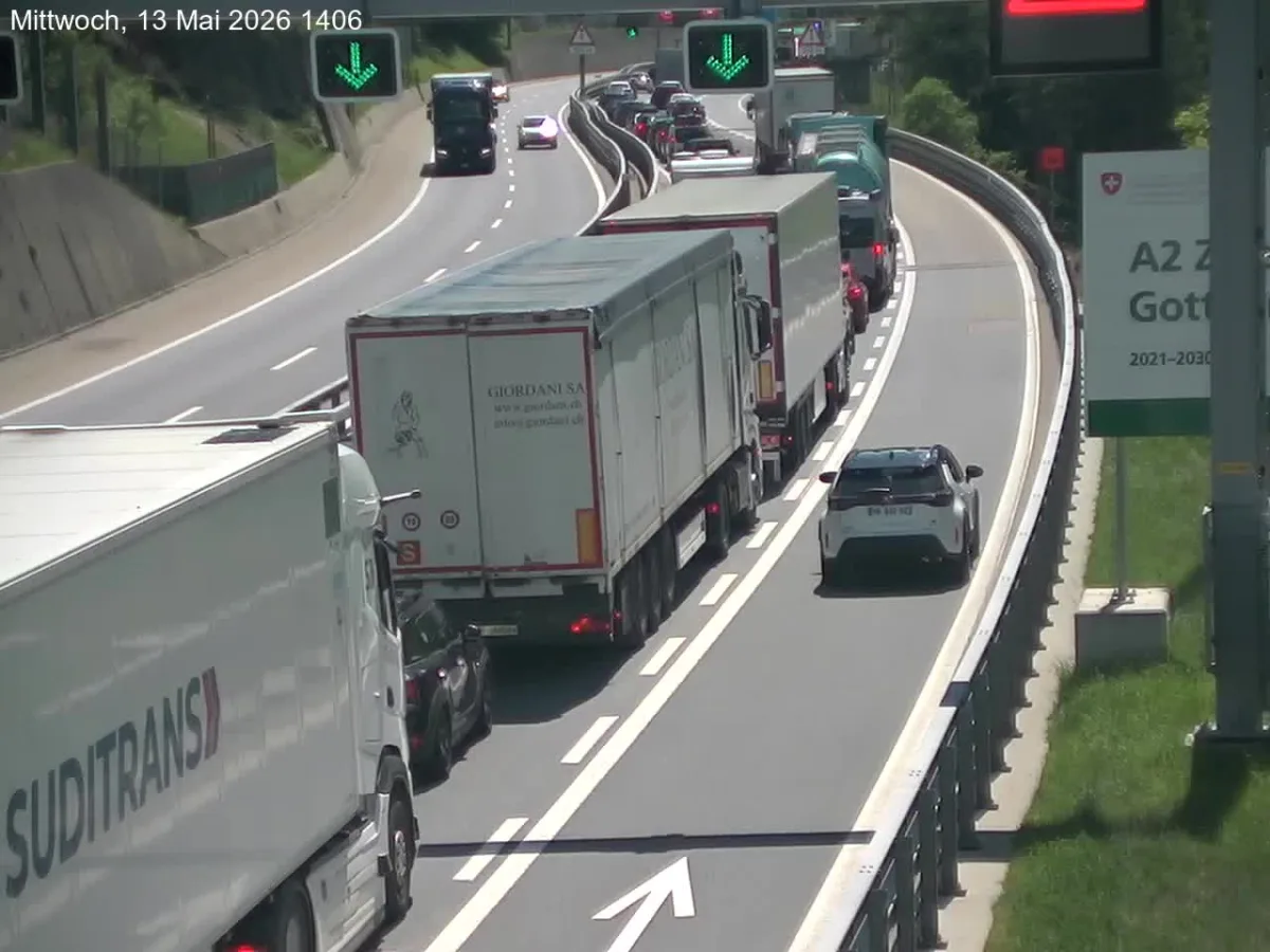 Ein Stau auf der Autobahn mit mehreren Lastwagen und Autos in beiden Fahrtrichtungen. Ein Schild zeigt den Weg zum Gotthard-Tunnel.