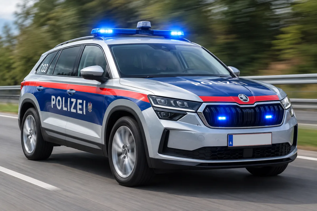 Ein silber-blau-rotes Polizeiauto fährt mit aktiviertem Blaulicht schnell auf einer Straße. Zahlreiche Details des Fahrzeugs, wie die Aufschrift 'Polizei' und Landeskennzeichen, sind sichtbar.