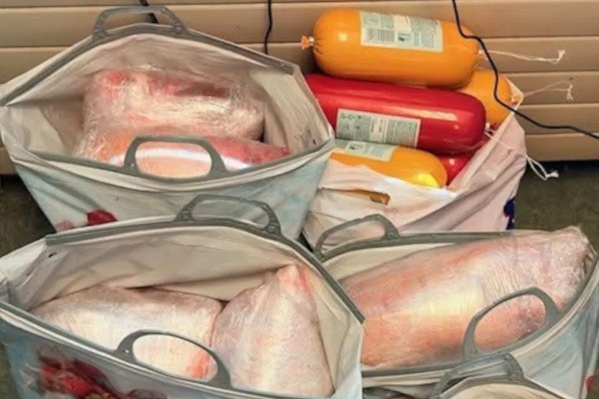 Das Bild zeigt mehrere Einkaufstaschen, die mit großen Mengen verpackter Wurstwaren gefüllt sind. Die Taschen stehen vor einer Rolltür auf dem Boden.