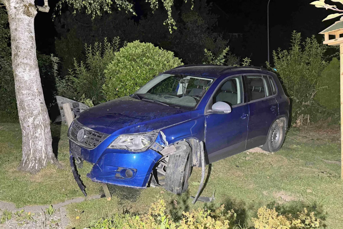 Ein blauer VW mit signifikanter Frontschäden steht neben einem Baum in einem Gartenbereich. Der Vorderreifen ist beschädigt und die Umgebung ist durch Vegetation geprägt.