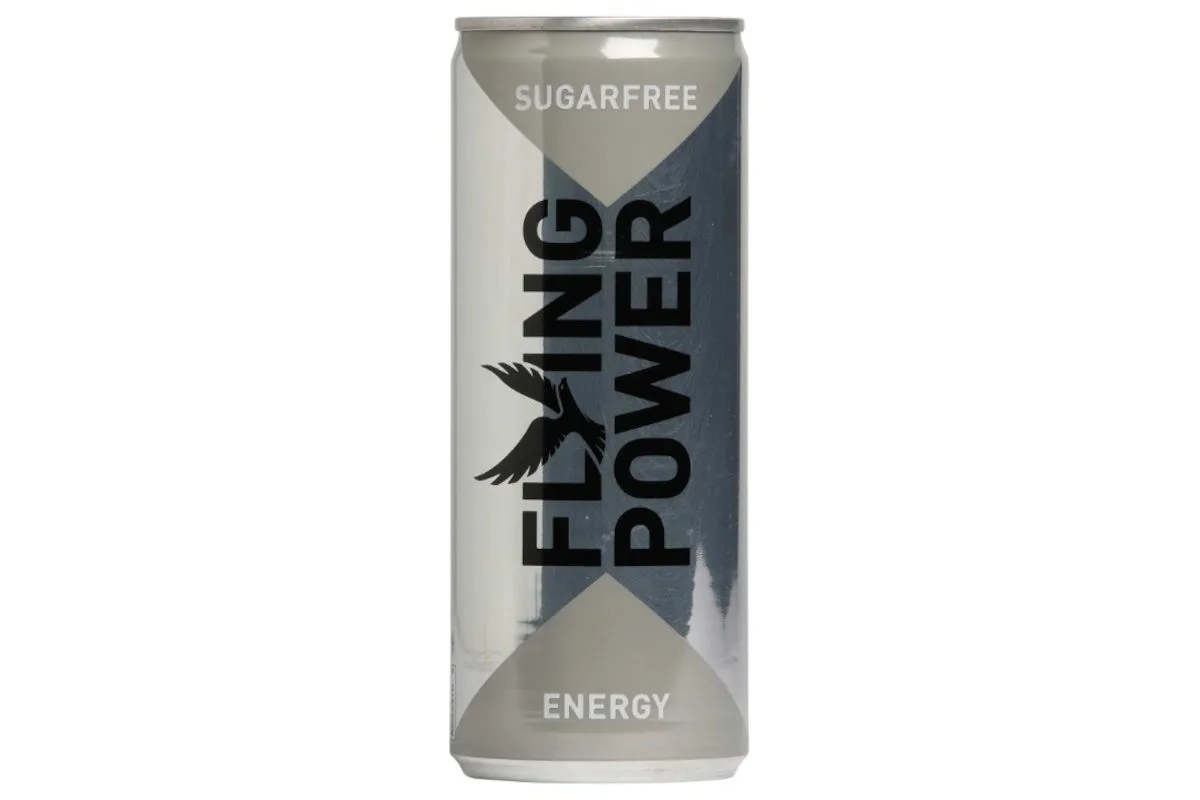 Eine silberne Getränkedose mit dem 'Flying Power' Logo und der Aufschrift 'SUGARFREE'.