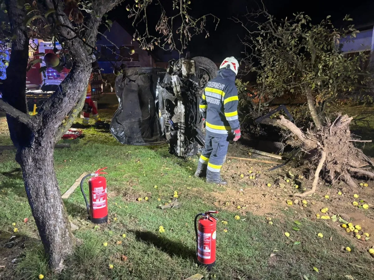 Ein Feuerwehrmann mit reflektierender Uniform betrachtet ein umgestürztes Fahrzeug neben einem entwurzelten Baum. Daneben stehen Feuerlöscher.