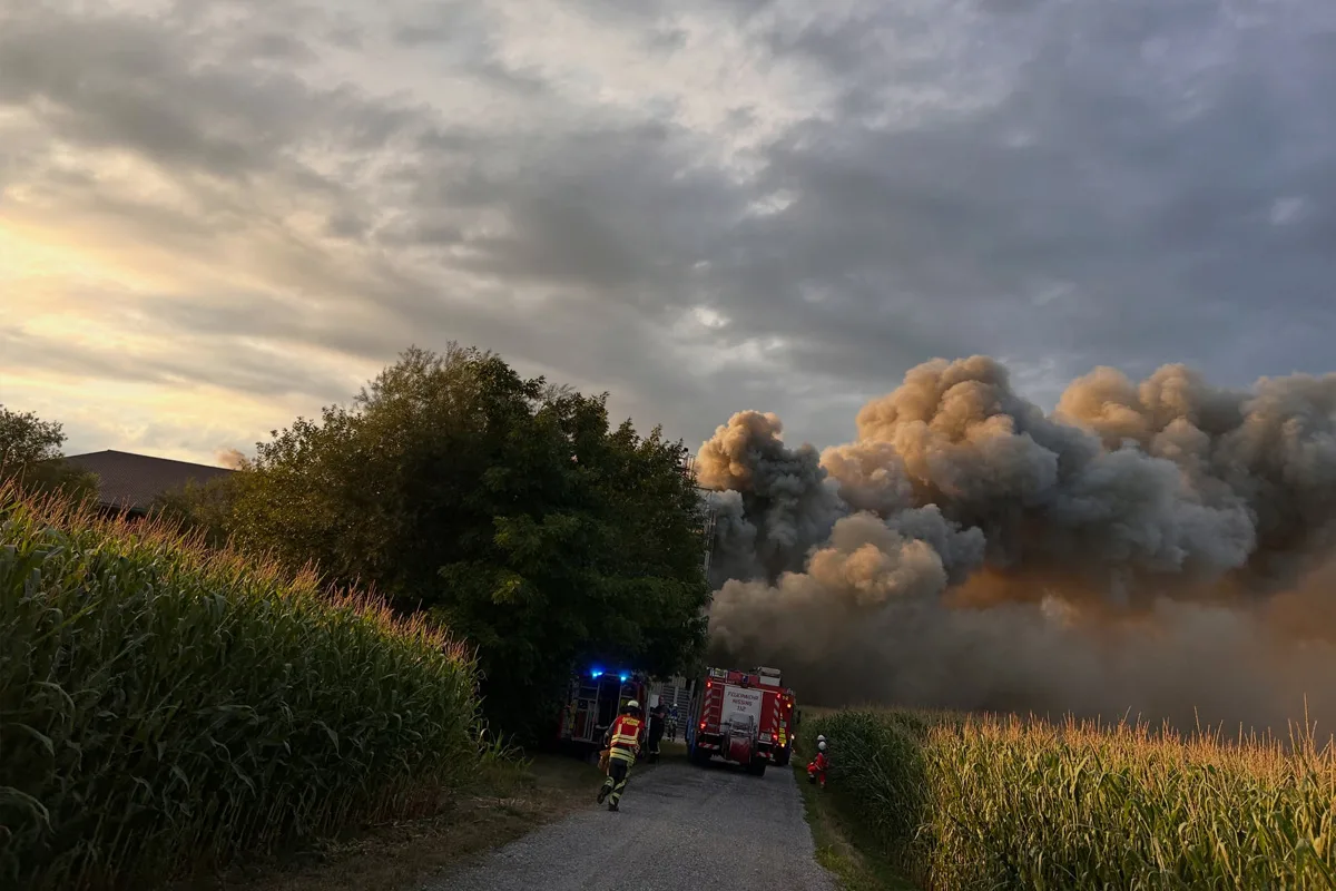Ein Feld brennt bei Dämmerung, dichter Rauch füllt den Himmel. Einsatzfahrzeuge und Feuerwehrleute sind vor Ort im Einsatz.