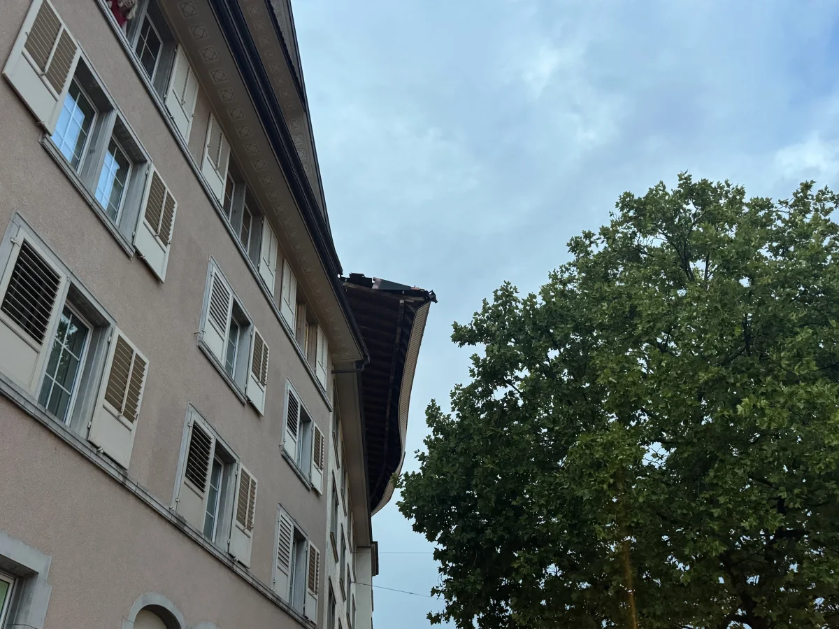 Eine Hausfassade mit mehreren Fenstern und einem beschädigten Dachvorsprung. Daneben steht ein großer Baum.