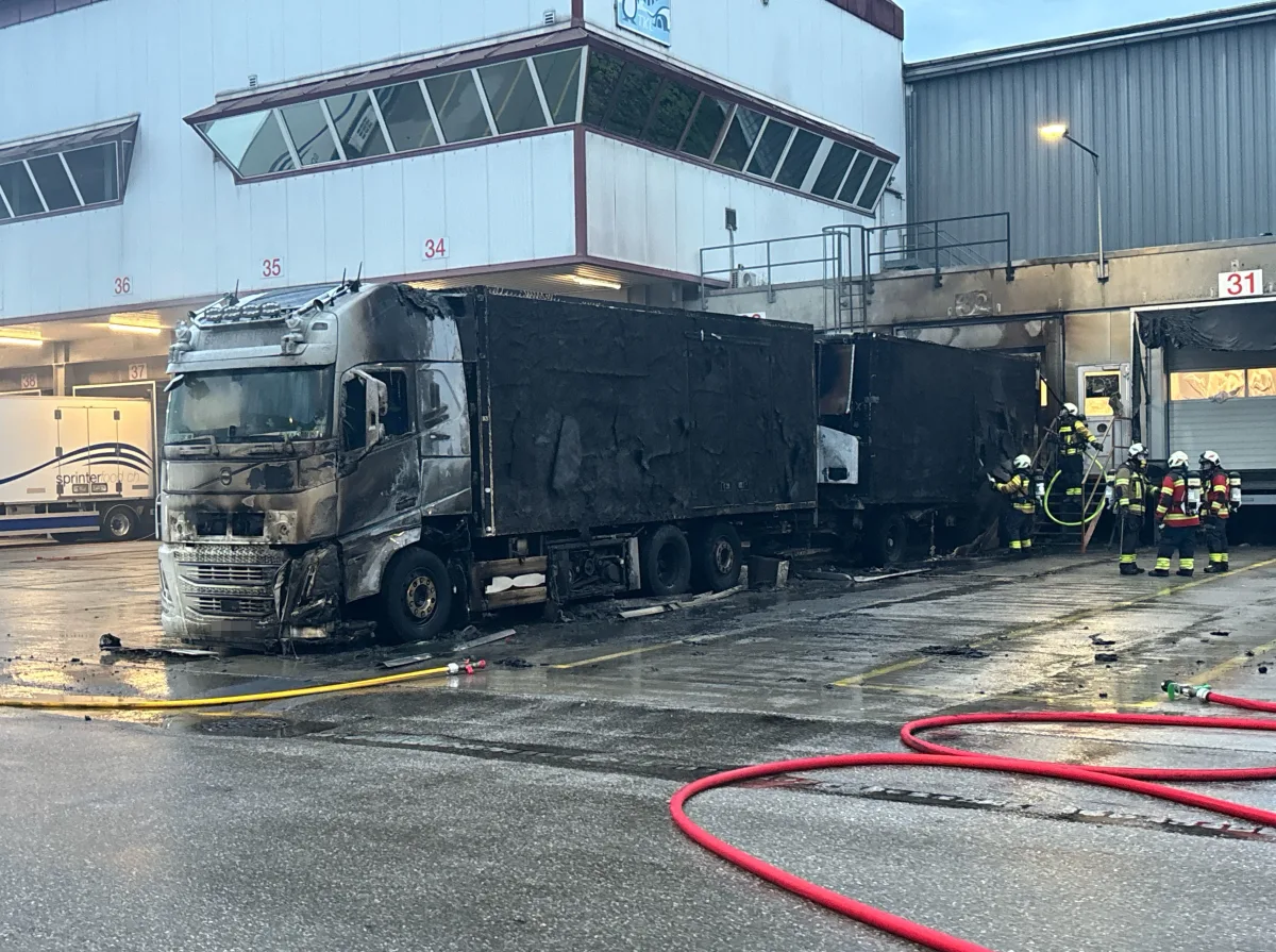 Vor einem großen Industriegebäude steht ein ausgebrannter Lastwagen. Mehrere Feuerwehrleute sind beim Löscheinsatz zu sehen. Vor dem Gebäude sind auch Schläuche auf nassem Boden verteilt.